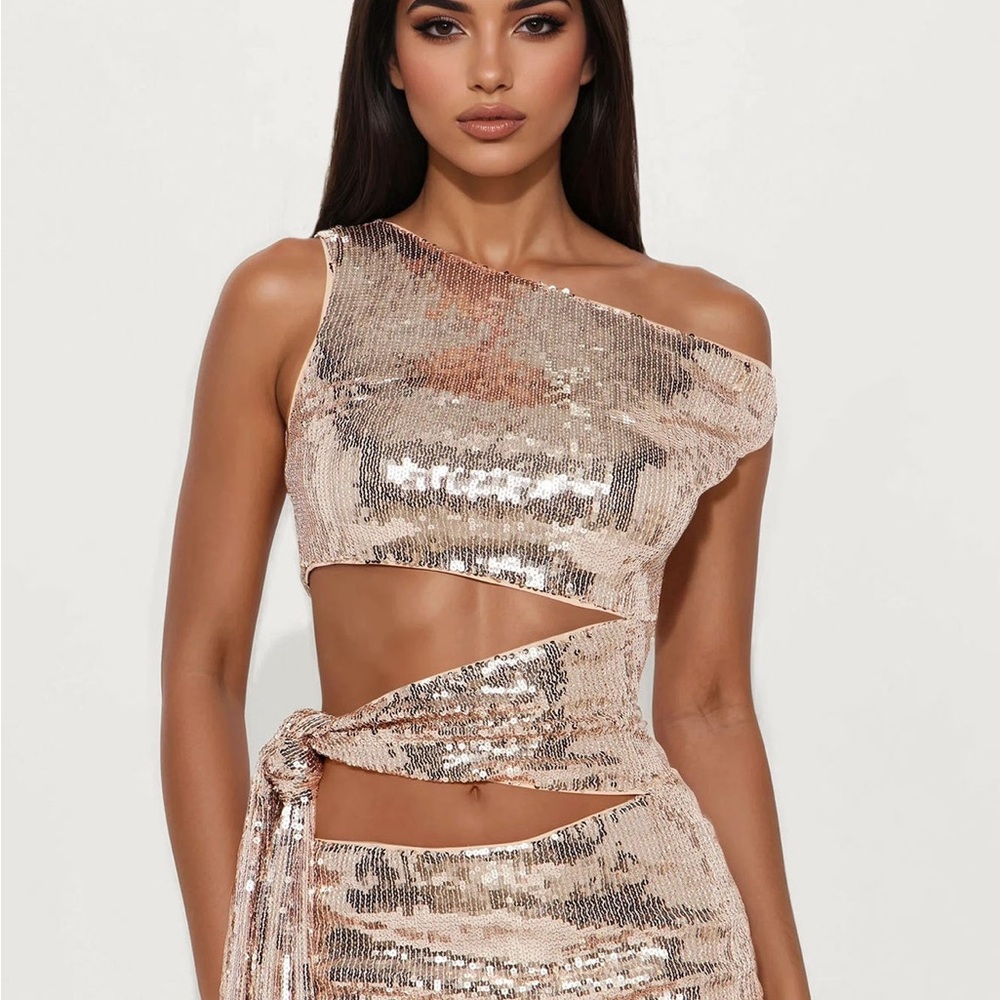 Fashion Nova Rose Gold One-Shoulder Sequin Cutout Dress